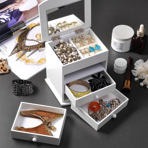 Tabletop Mirrored Jewelry Box Organizer Cabinet - White